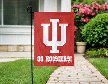 Load image into Gallery viewer, red indiana university garden flag with go hoosiers logo hung outside from garden flag stand