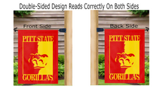 Load image into Gallery viewer, red Pittsburg state university garden flag hanging on mailbox flagpole displayed from both sides