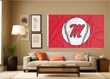Load image into Gallery viewer, Red 3x5 Ole Miss Baseball Flag with two metal grommets covering tan wall of well lit room