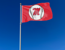 Load image into Gallery viewer, Red 3x5 Ole Miss Baseball Flag with two metal grommets attached to flagpole waving in the wind