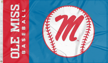 Load image into Gallery viewer, light blue and red 3x5 Ole Miss Baseball Flag with two metal grommets for indoor home décor