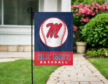 Load image into Gallery viewer, blue and red ole miss baseball garden flag hung outside from garden flag stand
