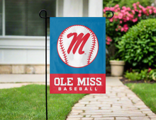 Load image into Gallery viewer, light blue ole miss baseball garden flag hung outside from garden flag stand