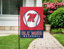 Load image into Gallery viewer, red and blue ole miss baseball garden flag hung outside from garden flag stand