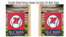 Load image into Gallery viewer, Red and blue Ole Miss Baseball Garden Flag hanging on mailbox flagpole displayed from both sides