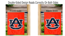 Load image into Gallery viewer, orange Auburn University garden flag hanging on mailbox flagpole displayed from both sides