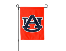 Load image into Gallery viewer, orange Auburn University garden flag hanging on black garden flag stand