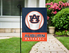 Load image into Gallery viewer, blue and orange auburn baseall garden flag hung outside from garden flag stand