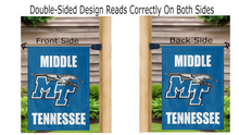 Load image into Gallery viewer, blue middle Tennessee State University garden flag hanging on mailbox flagpole displayed from both sides