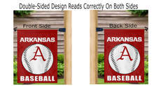 Load image into Gallery viewer, red arkansas baseball garden flag hanging on mailbox flagpole displayed from both sides