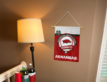 Load image into Gallery viewer, arkansas baseball College world series 2025 Garden flag hanging on banner pole inside living room