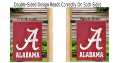 Load image into Gallery viewer, red university of alabama garden flag hanging on mailbox flagpole displayed from both sides