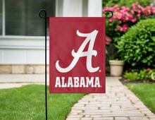 Load image into Gallery viewer, red university of alabama garden flag hung outside from garden flag stand