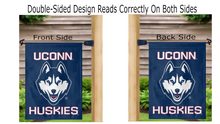 Load image into Gallery viewer, blue uconn garden flag hung from mailbox flagpole displayed from both sides