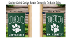 Load image into Gallery viewer, green ohio university garden flag on a mailbox flagpole displayed from both sides
