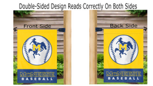 Load image into Gallery viewer, Gold and blue McNeese Baseball Garden Flag displayed from both sides hanging from mailbox flagpole