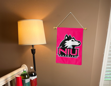Load image into Gallery viewer, red northern illinois university garden flag with NIU Huskies logo hanging from banner pole inside living room