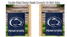 Load image into Gallery viewer, blue penn state garden flag hung from mailbox flagpole displayed from both sides