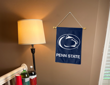 Load image into Gallery viewer, blue penn state garden flag hung from banner pole inside living room