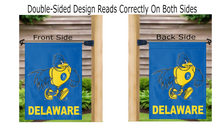 Load image into Gallery viewer, blue University of Delaware YoUDee Garden Flag hung from mailbox flagpole displayed from both sides