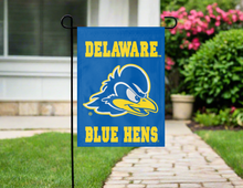 Load image into Gallery viewer, blue university of delaware blue hens garden flag hung outside from garden flag stand