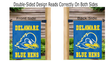 Load image into Gallery viewer, blue University of Delaware Garden Flag hung from mailbox flagpole displayed from both sides