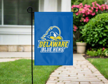 Load image into Gallery viewer, blue delaware blue hens garden flag hung outside from garden flag stand