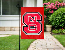 Load image into Gallery viewer, red nc state garden flag hung outside from garden flag stand