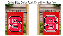 Load image into Gallery viewer, red NC state garden flag hung from mailbox flagpole displayed from both sides