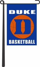 Load image into Gallery viewer, Blue 13x18 Garden Flag with Duke D Logo And Basketball Logo