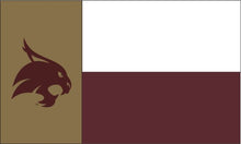 Load image into Gallery viewer, Gold and Maroon 2 Panel 3x5 Texas State University Flag with Maroon Bobcat Logo and State of Texas Style Background