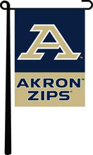 Load image into Gallery viewer, Blue and Gold Akron University Zips Garden Flag with Garden Flag Stand