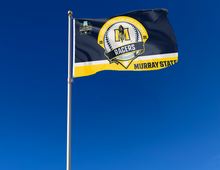 Load image into Gallery viewer, Murray State Baseball 2025 College World Series Flag attached to flagpole waving in the wind