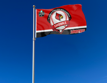 Load image into Gallery viewer, red and black Louisville Baseball College World Series 2025 Flag attached to flagpole waving in the wind