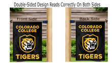 Load image into Gallery viewer, black colorado college garden flag hung from mailbox flagpole displayed from both sides