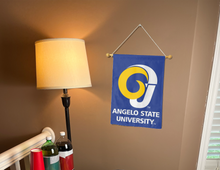 Load image into Gallery viewer, Blue 13x18 inch long Angelo State University Garden Flag hung on banner pole inside a well-lit room