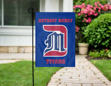 Load image into Gallery viewer, blue detroit mercy titans garden flag hung outside from garden flag stand