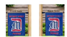 Load image into Gallery viewer, blue University of Detroit Mercy Titans Garden Flag hung from mailbox flagpole displayed from both sides