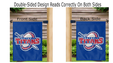Load image into Gallery viewer, blue University of Detroit Mercy Titans Garden Flag hung from mailbox flagpole displayed from both sides