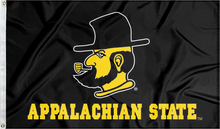Load image into Gallery viewer, Black 3x5 foot wide Applachian state University Flag with Yosef and Appalachian State Logos and Two metal grommets