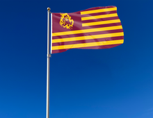 Load image into Gallery viewer, Maroon and Gold striped 3x5 foot wide Arizona State University flag with two metal grommets attached to flagpole waving in the wind