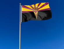 Load image into Gallery viewer, Black Gold and Red 3x5 foot wide Arizona state University flag with State of Arizona flag style logo and two metal grommets attached to flagpole waving in the wind