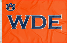 Load image into Gallery viewer, Orange 3x5 foot wide Auburn University Flag with War Damn Eagle WDE Logo and Two Metal Grommets