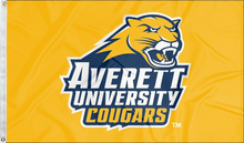 Load image into Gallery viewer, Gold 3x5 foot wide Averett University Cougars flag with two metal grommets