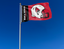 Load image into Gallery viewer, Red and black 3x5 foot wide Ball State University Football Flag with two metal grommets attached to flagpole as it waves in the wind