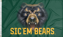 Load image into Gallery viewer, Green 3x5 foot wide Baylor University Flag with Realistic Angry Bear Roaring over Sic Em Bears Logo and two metal grommets