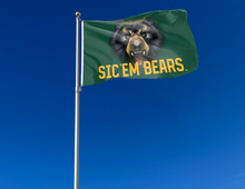 Load image into Gallery viewer, Green 3x5 foot wide Baylor University Flag with Realistic Angry Bear Roaring over Sic Em Bears Logo and two metal grommets attached to flagpole waving in the wind