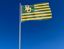 Load image into Gallery viewer, 3x5 foot wide Baylor University Flag with green & gold USA flag style 13 stripes and two metal grommets attached to flagpole waving in the wind