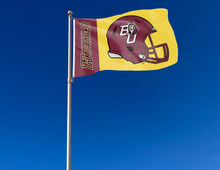 Load image into Gallery viewer, 2 Panel Maroon and gold 3x5 foot wide Bloomsburg University Football flag with two metal grommets attached to flagpole waving in the wind