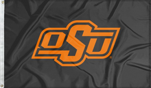 Load image into Gallery viewer, Black 3x5 feet wide Oklahoma State University Flag with OSU Logo and two metal grommets for indoor home decor